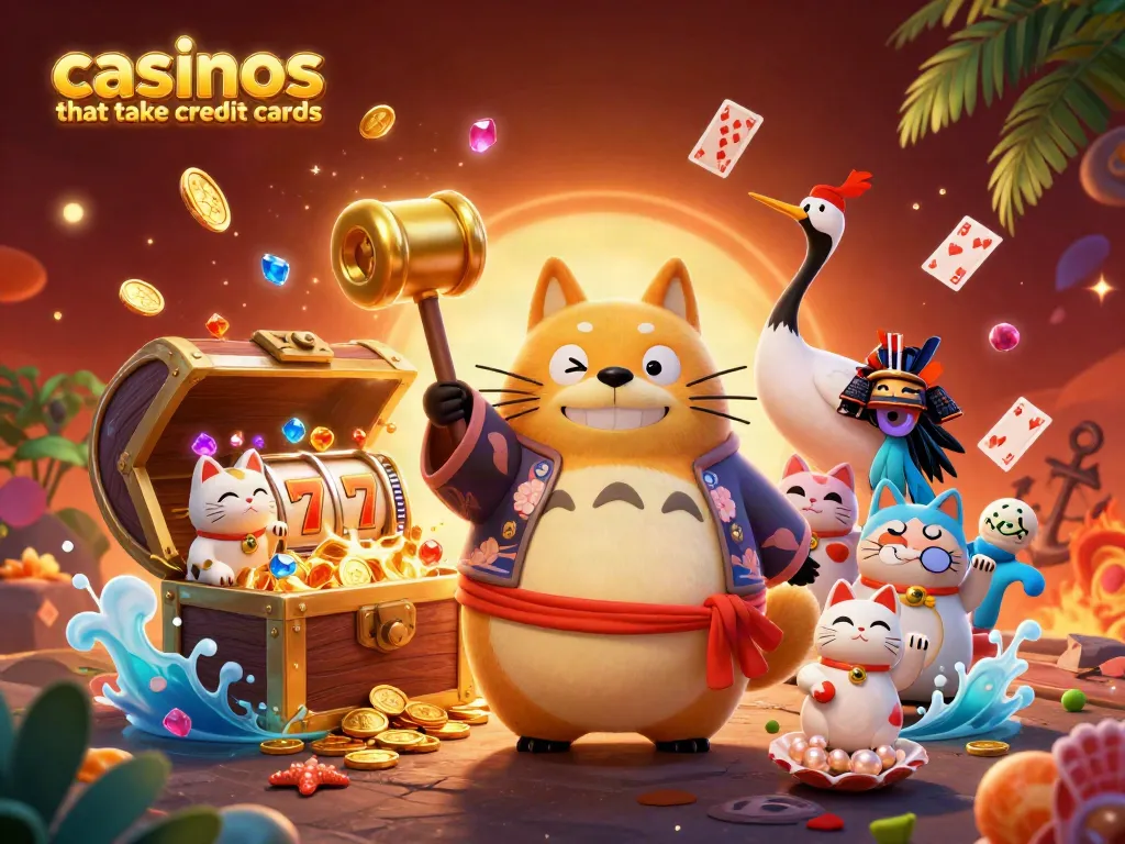 Play slots at casinos that take credit cards with a cheerful tanuki and vibrant game elements.