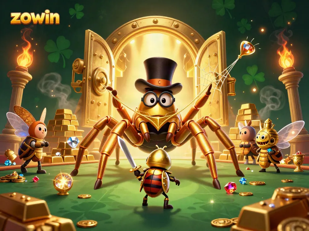 Experience thrilling gameplay at Zowin with a vibrant casino scene, featuring captivating characters and dazzling treasures.