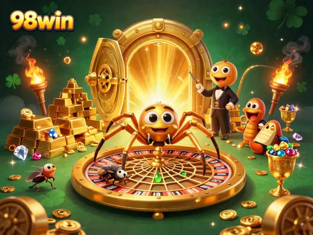 Engage in exciting betting action with 98win at a whimsical casino scene full of dazzling treasures and interactive characters.