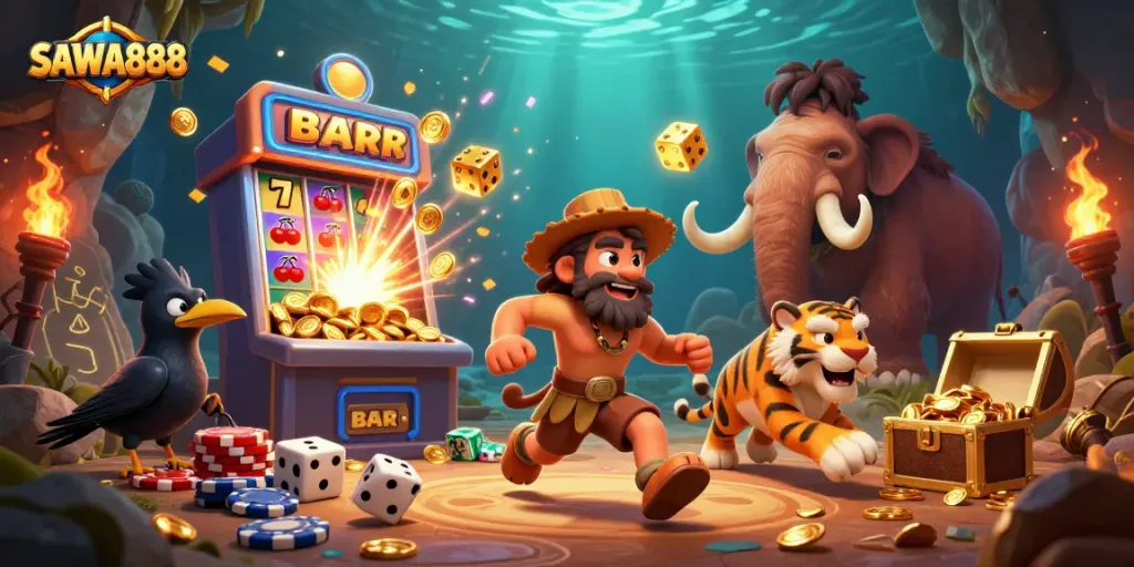 Experience thrilling gameplay at SAWA888 with a prehistoric gambling adventure featuring unique characters and vibrant casino elements.
