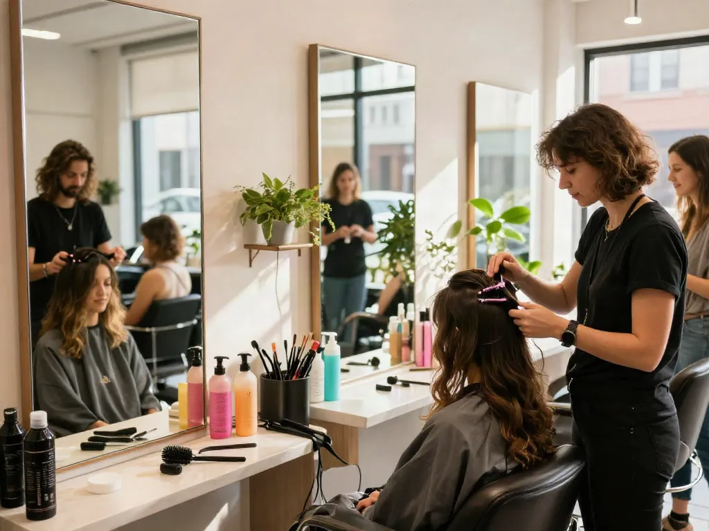 No damage hair extensions being applied in a vibrant salon, showcasing healthy hair care.