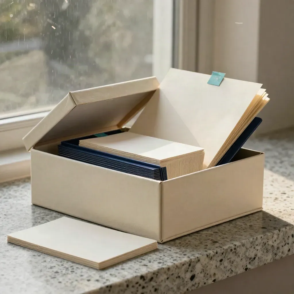 Cream archival article box spilling cards and digest sheets on stone, with teal and navy accents.