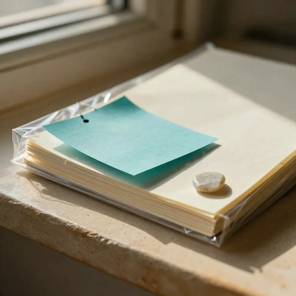 Macro of a translucent marketing notes bundle with teal tab, clipped slips, and a pale stone chip.
