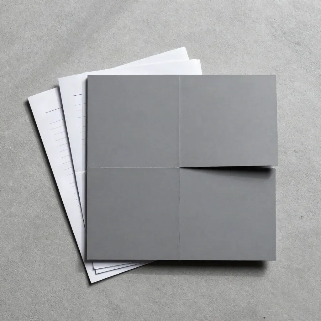Overhead flatlay of blank SEO article cards, checklist sheet, and slate divider on concrete.