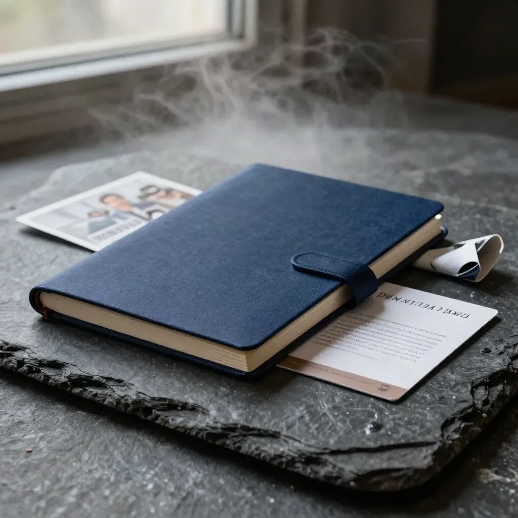 Slim research notes set and digest cards sliding over damp slate in dramatic light.