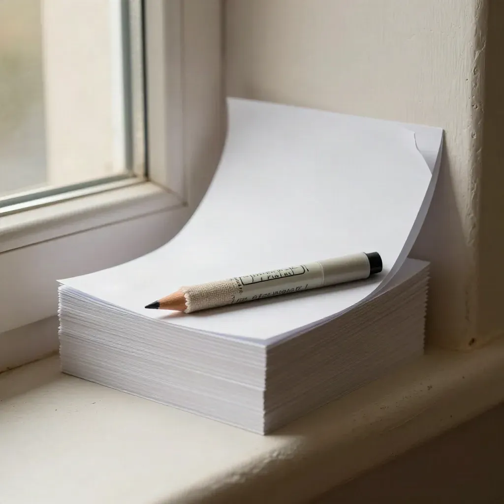 Stacked study note cards with a cloth marker and pencil stub on a plaster ledge, warm window light