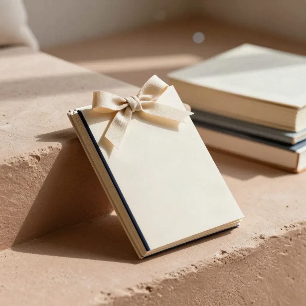 Beige wrapped reading list cards beside a plaster step with navy edge and loose slips