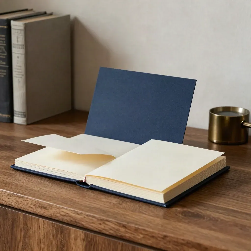 Open writing tip card box with navy divider and sample sheets on a warm walnut shelf.