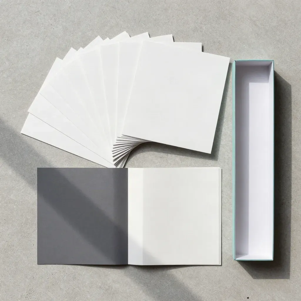 Overhead tech roundup paper pack with folded briefs and a teal-edged tray on concrete.