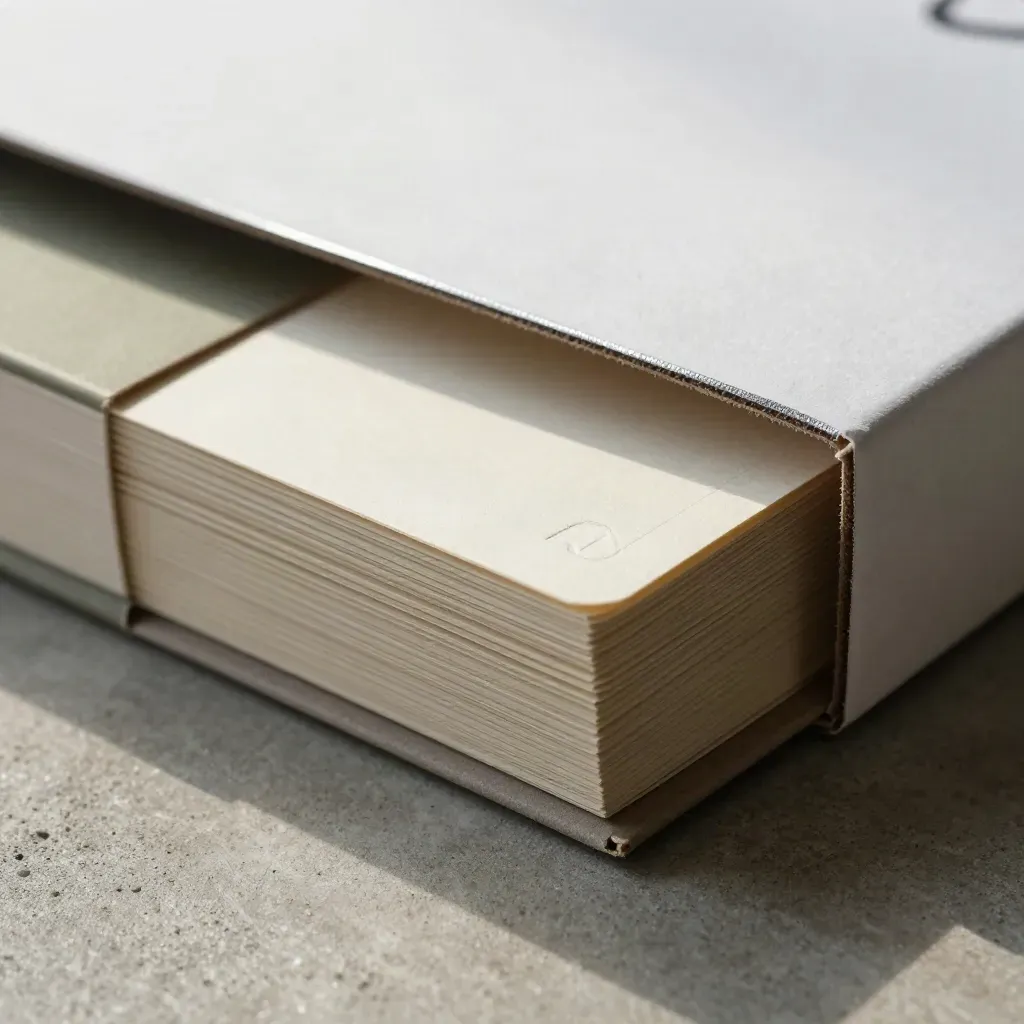 Extreme macro of a pale paper box and slipped card on concrete, misty and softly lit.