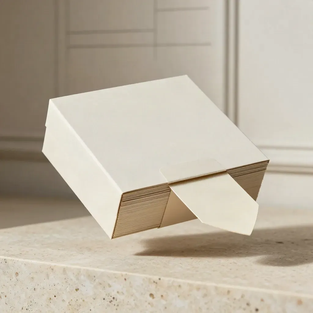 Rigid cream box with nine article cards and a pale divider on travertine.