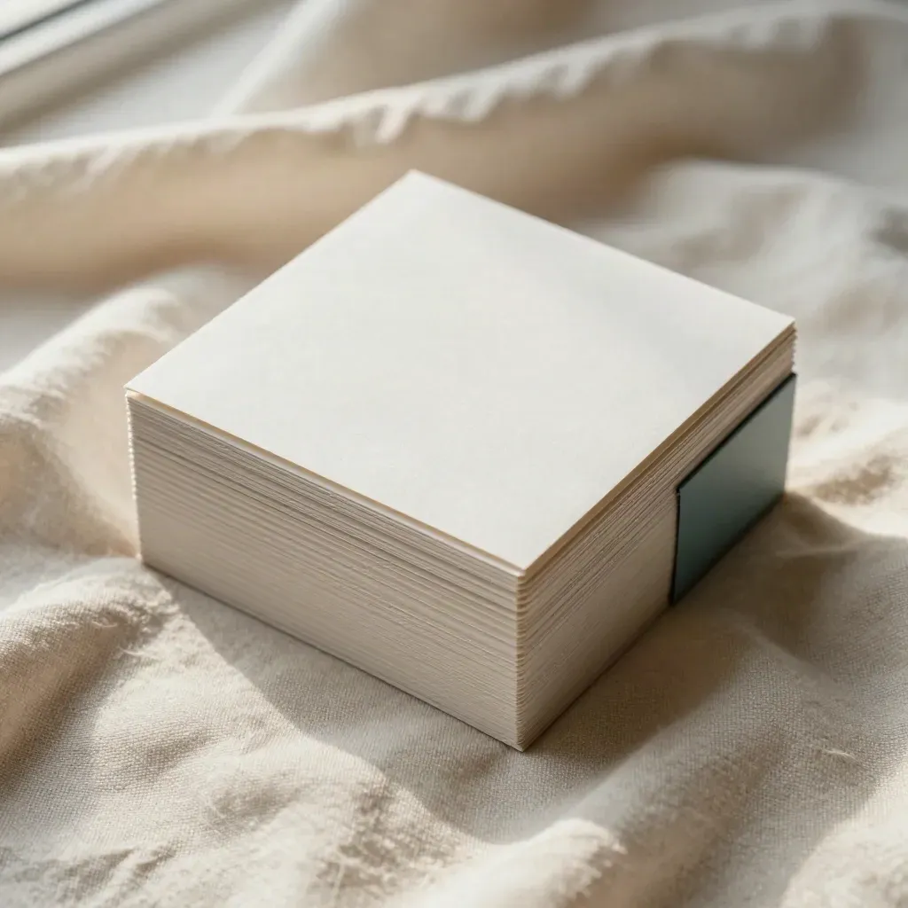Macro of blank cards half-buried in cream fabric with a muted teal tab peeking out.