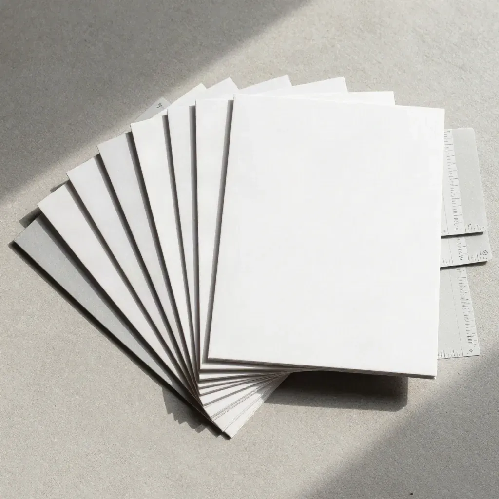 Overhead flatlay of eight paper cards with a slim wrap and two aligned inserts on pale concrete.