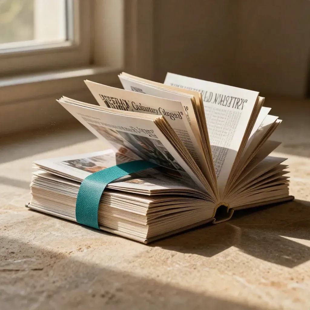 Open quarterly reads pack with stacked cards and teal cloth on warm sand-toned stone.