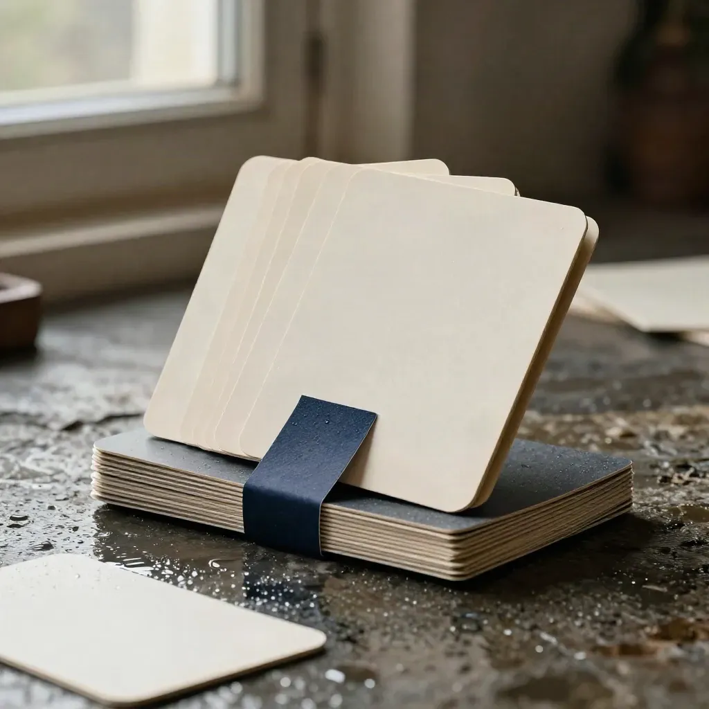 Rain-swept bundle of twelve article cards on wet stone with slate insert and navy band.