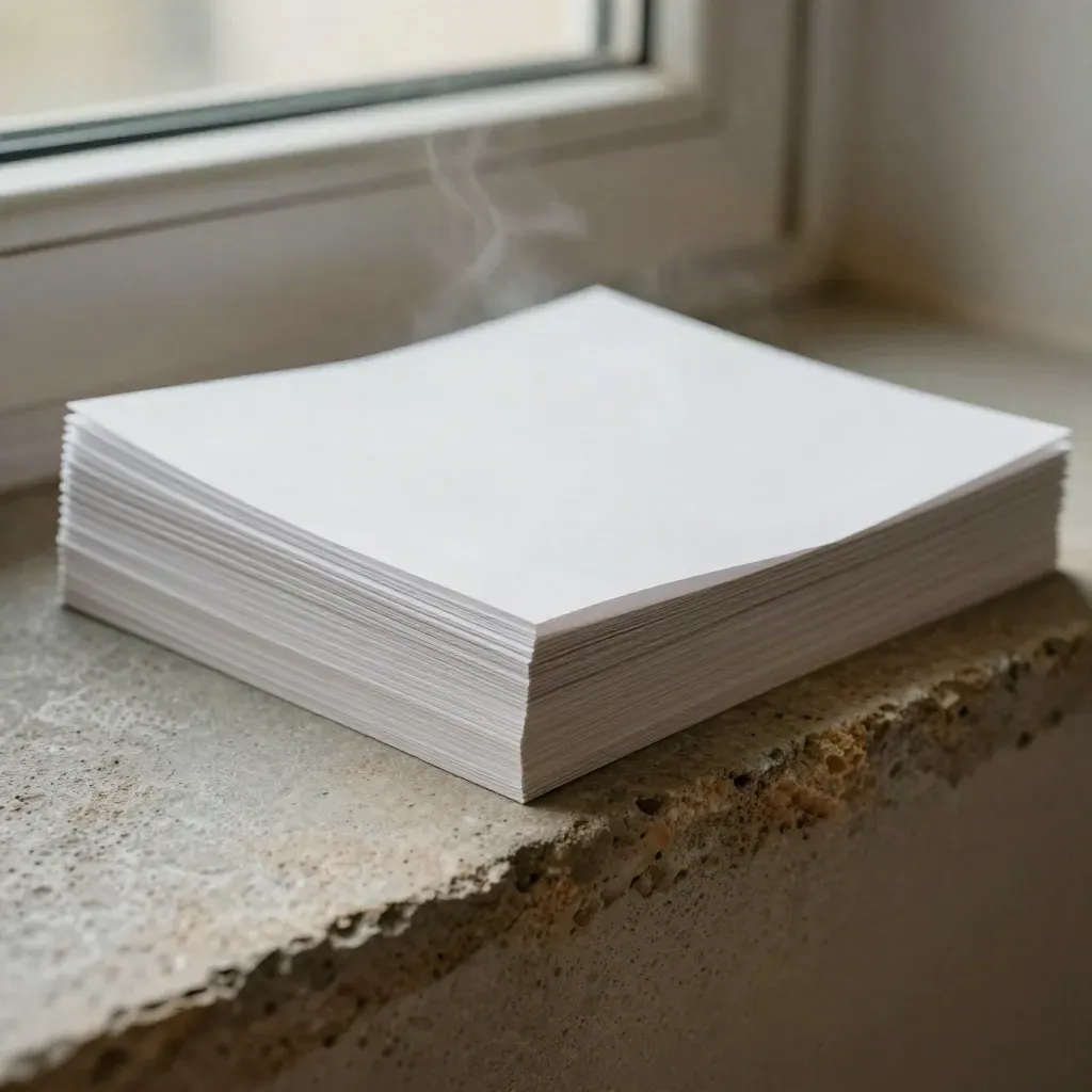 Seven article cards and a paper sleeve fanned on a stone ledge in cool mist.