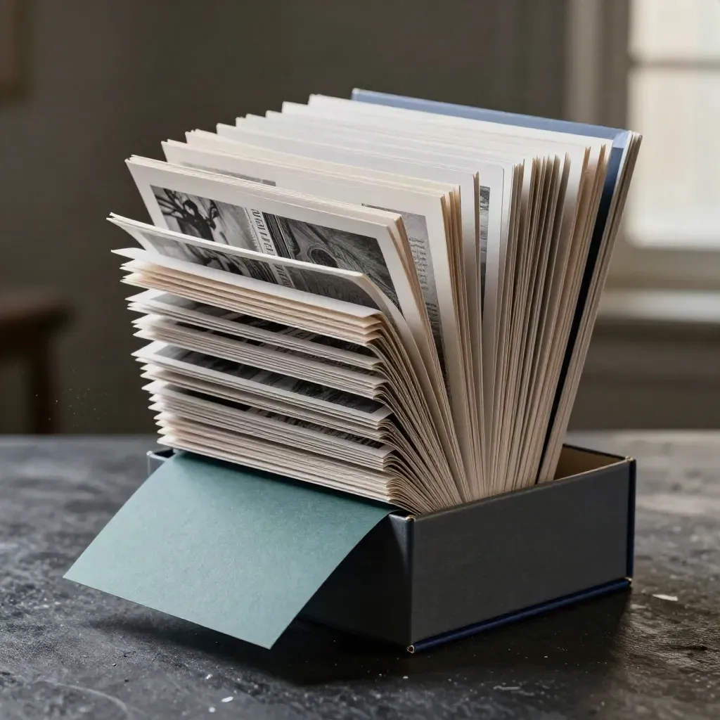 Stacked article cards in a dramatic black studio box with a teal insert and paper fibers.