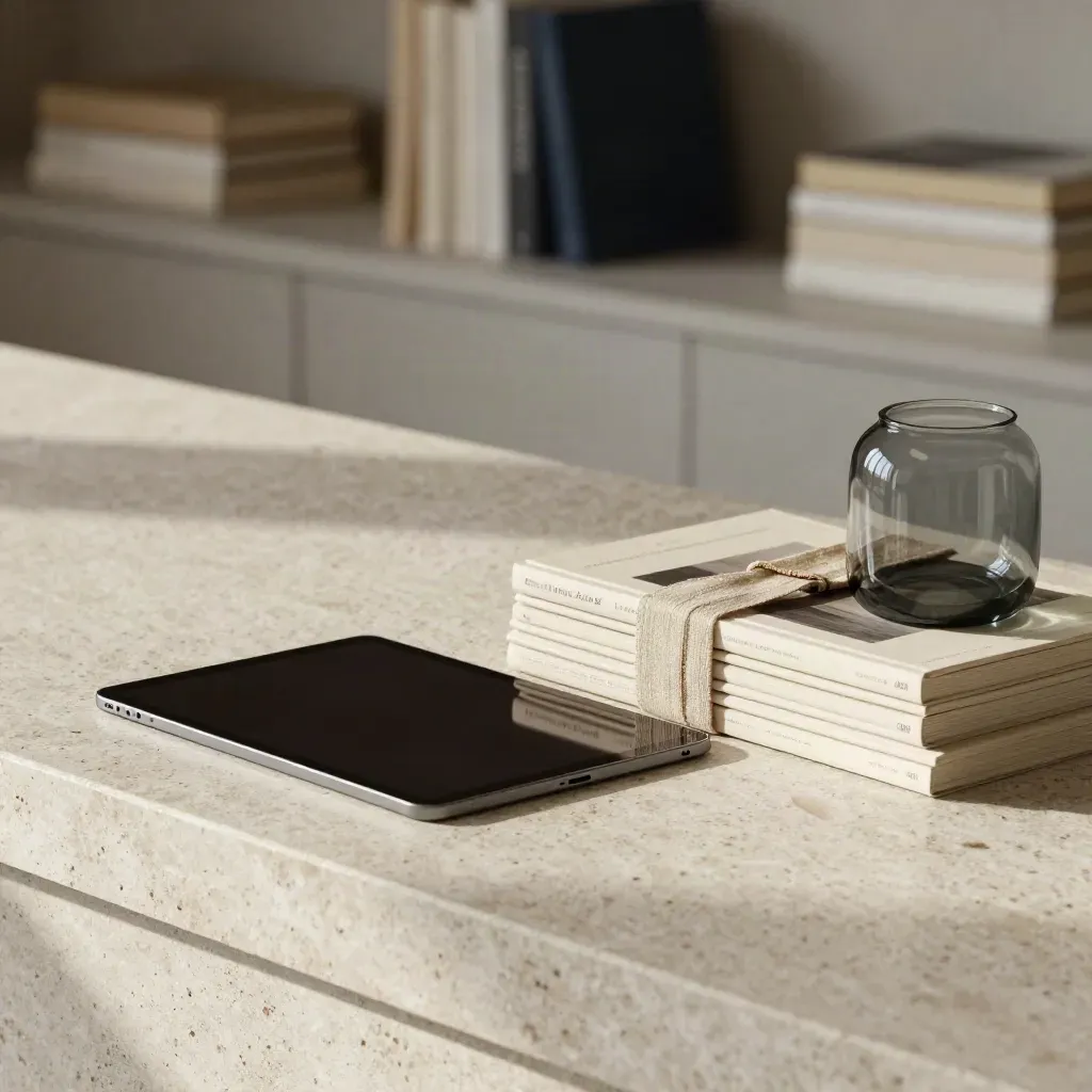Sunlit travertine counter with muted books, a dark tablet and glass vessel in soft editorial light