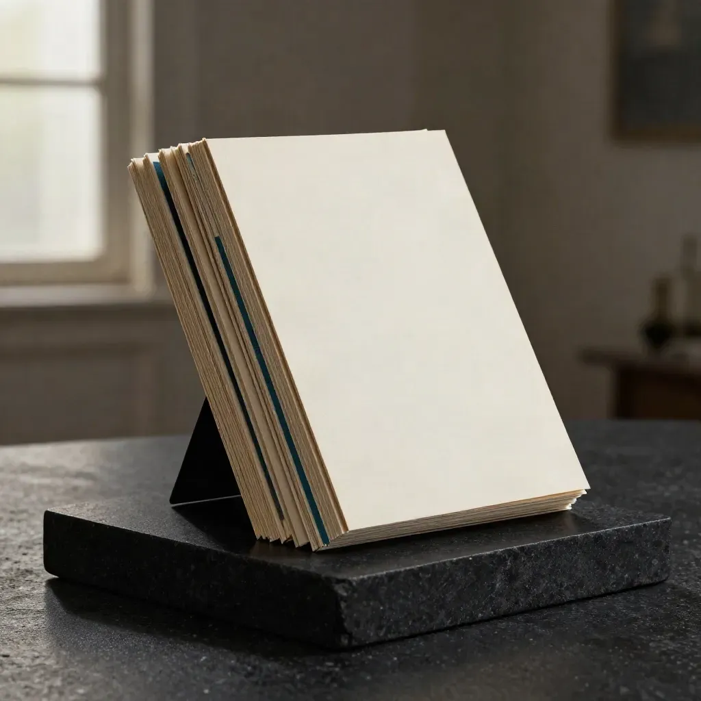 Tilting founder story notes bundle with five cards, teal accent, and a dark bookmark on stone.