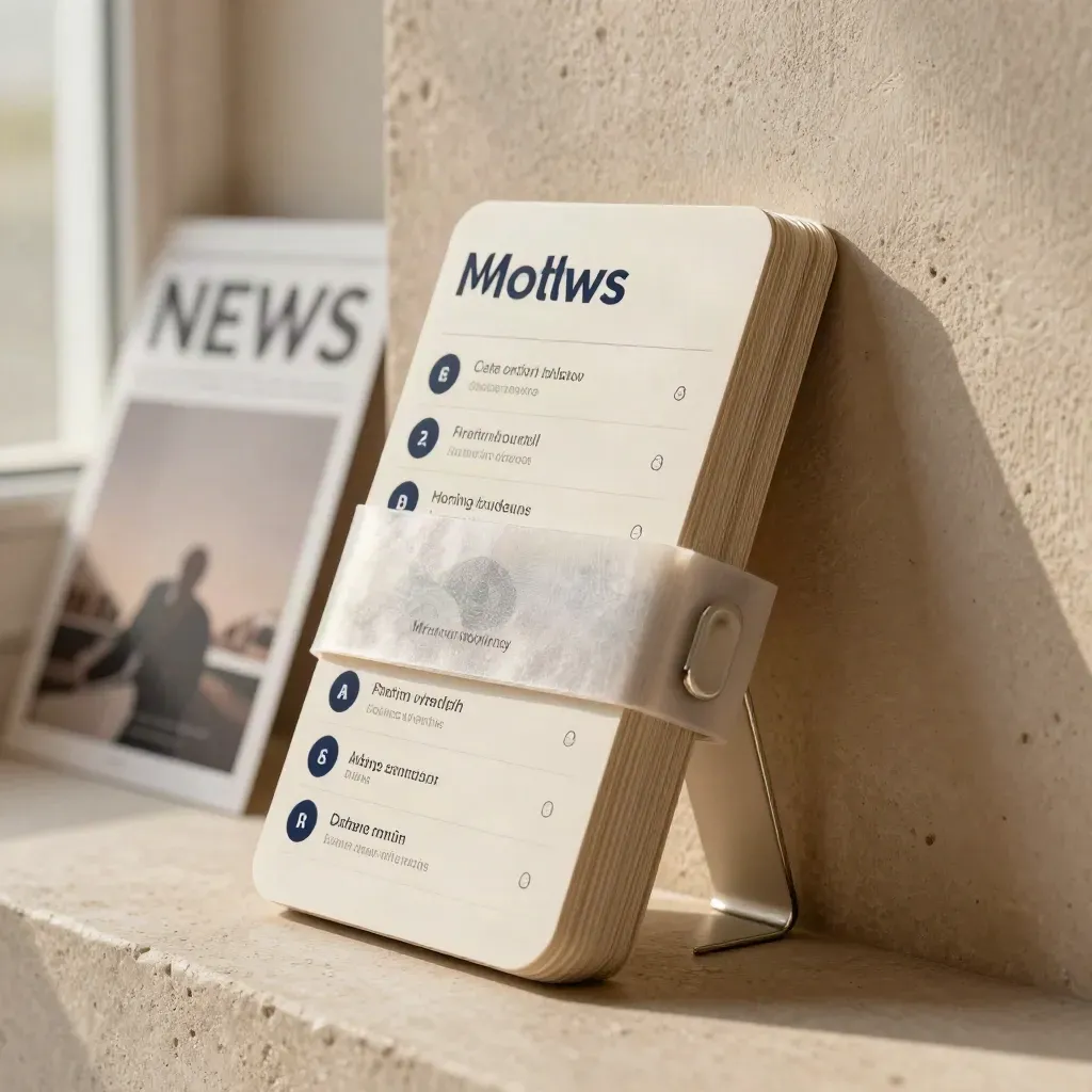 Leaning digest box with monthly cards, translucent band, and metal clip beside a plaster wall.