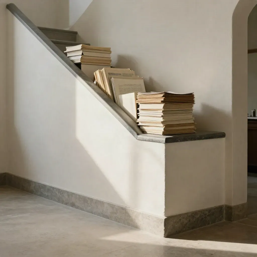 Sunlit plaster arcade with stair edge and quiet editorial archive details, copy space below.