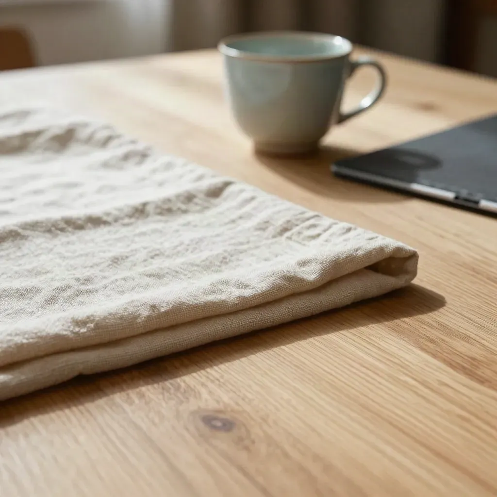 Pale oak tabletop with linen runner and blurred cup, lit by morning sun, calm copy space below.