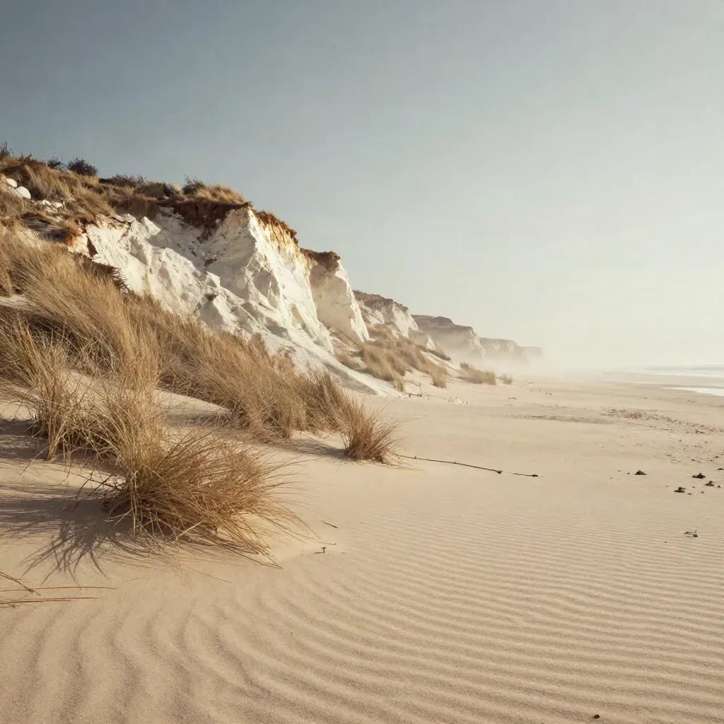 Windblown sandy bluff with dry grasses under hazy light, open space for headline copy.