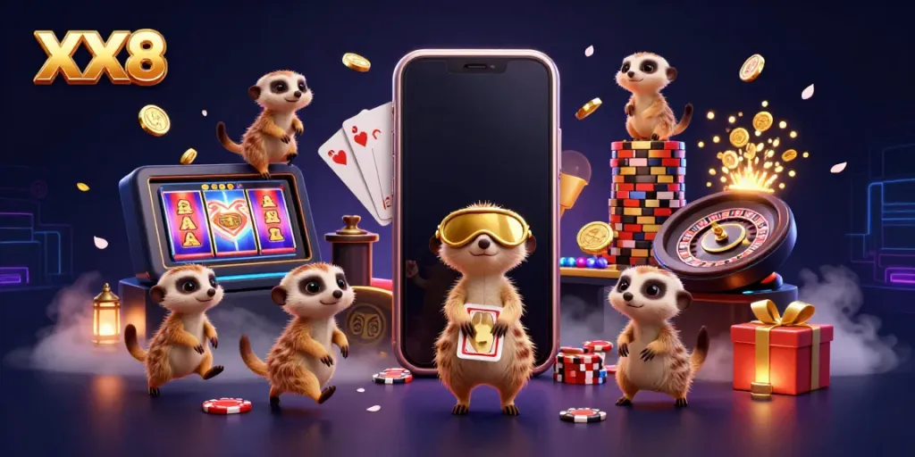 Engage with the thrilling XX8 casino scene featuring meerkats and dynamic slot game elements.