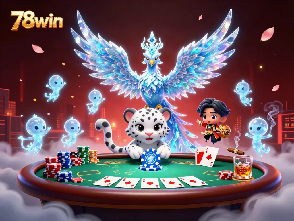 Experience the vibrant world of 78win with a dazzling ice phoenix, poker elements, and sparkling casino action.