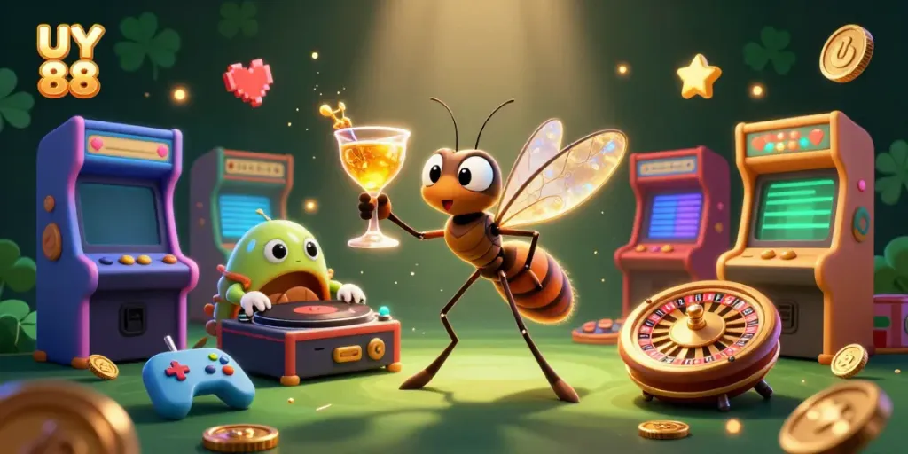 Experience the vibrant UY 88 casino universe with a mascot and dynamic game elements.