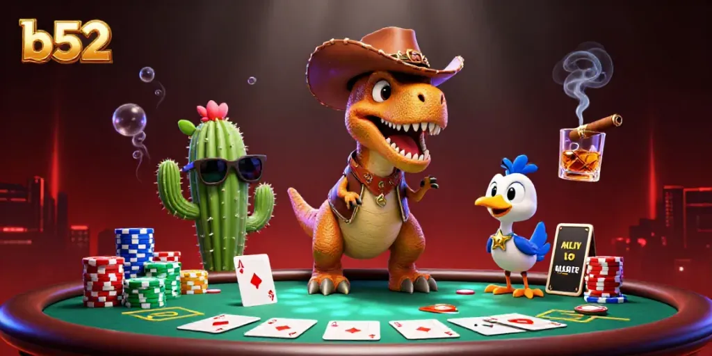 Engage in thrilling poker with b52 and lively characters in an exciting casino scene.