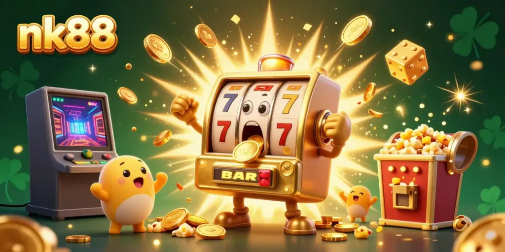 Experience the excitement of nk88 casino with a lively jackpot scene featuring cheerful slot machines and dynamic game elements.