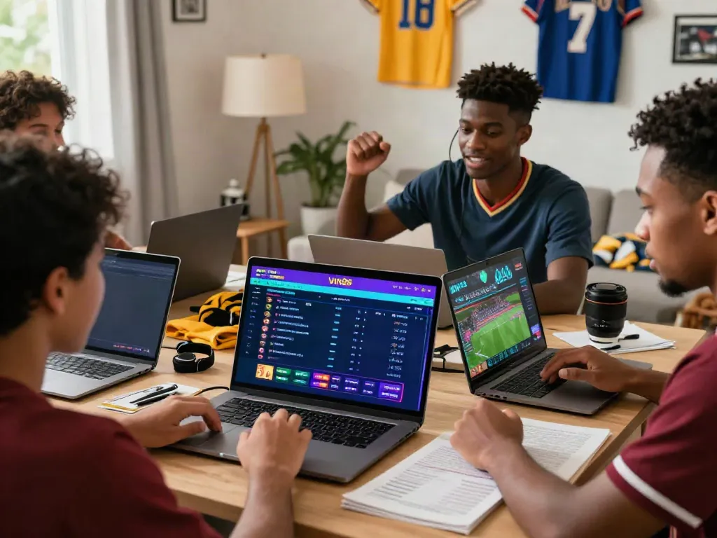 Gamblers enjoying a thrilling online session with vin88, surrounded by sports paraphernalia.