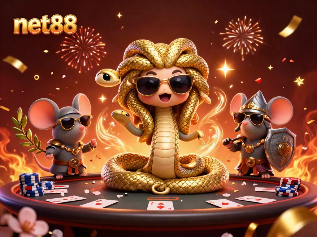 Engage in thrilling games at net88 with poker tables, playing cards, and festive elements.