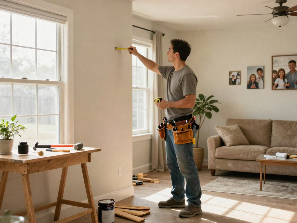 Home repair services Des Moines Iowa showcased with a contractor inspecting walls and tools in a cozy living room.