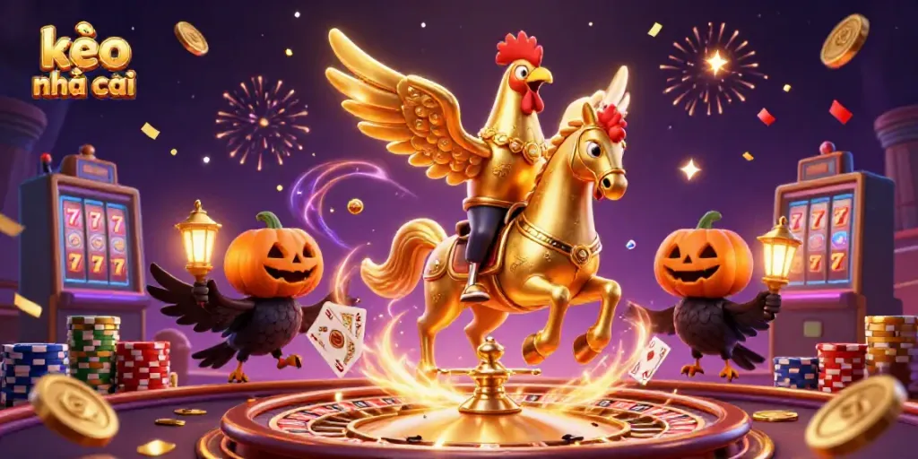 Experience the thrill of kèo nhà cái with a golden rooster and friends amid a vibrant casino