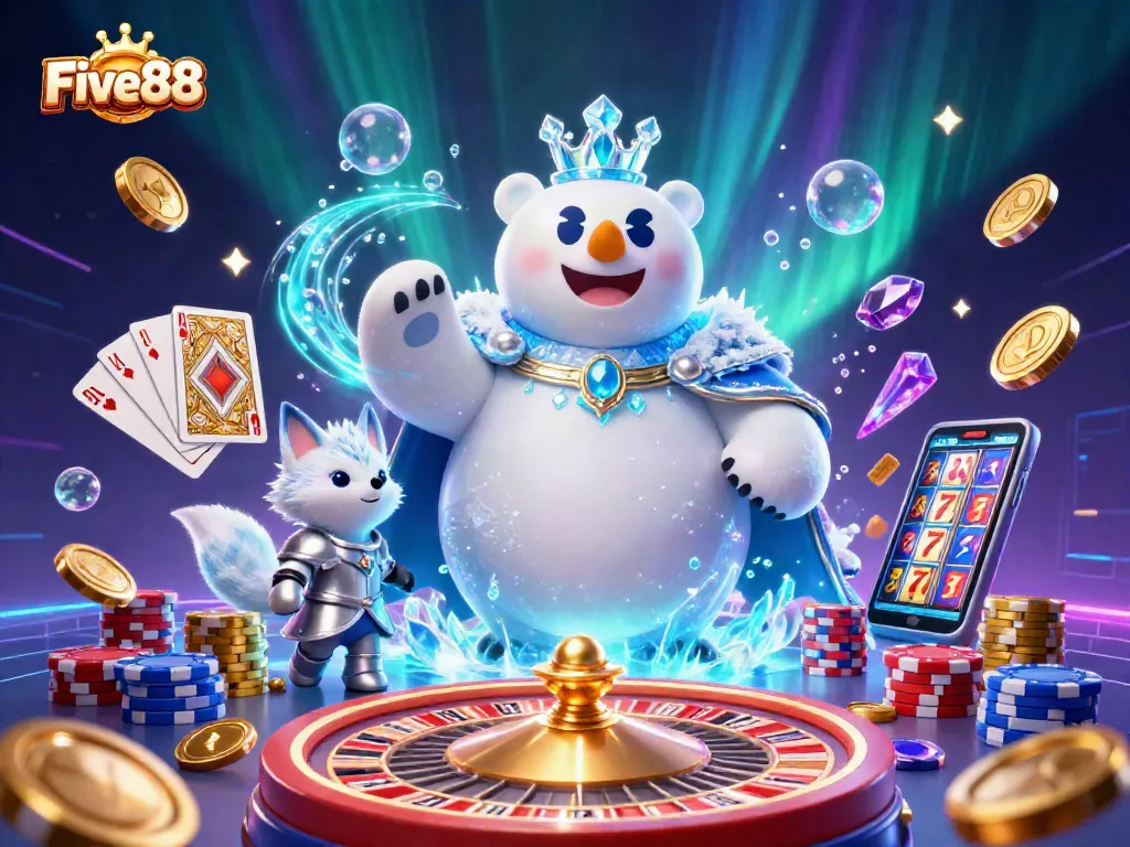 Experience exciting games at Five88 with golden coins, a roulette wheel, and thrilling slot machines!
