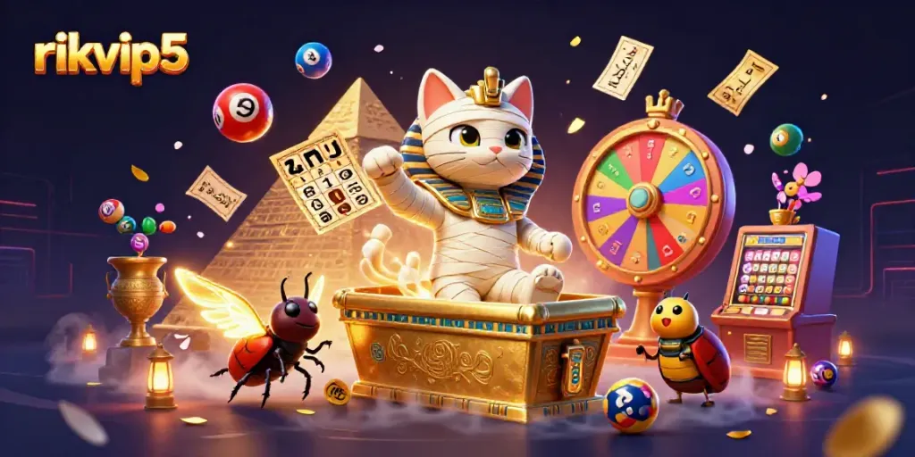 Engage with vibrant lottery dynamics at rikvip5, featuring an Egyptian mummy cat and golden winged scarab.