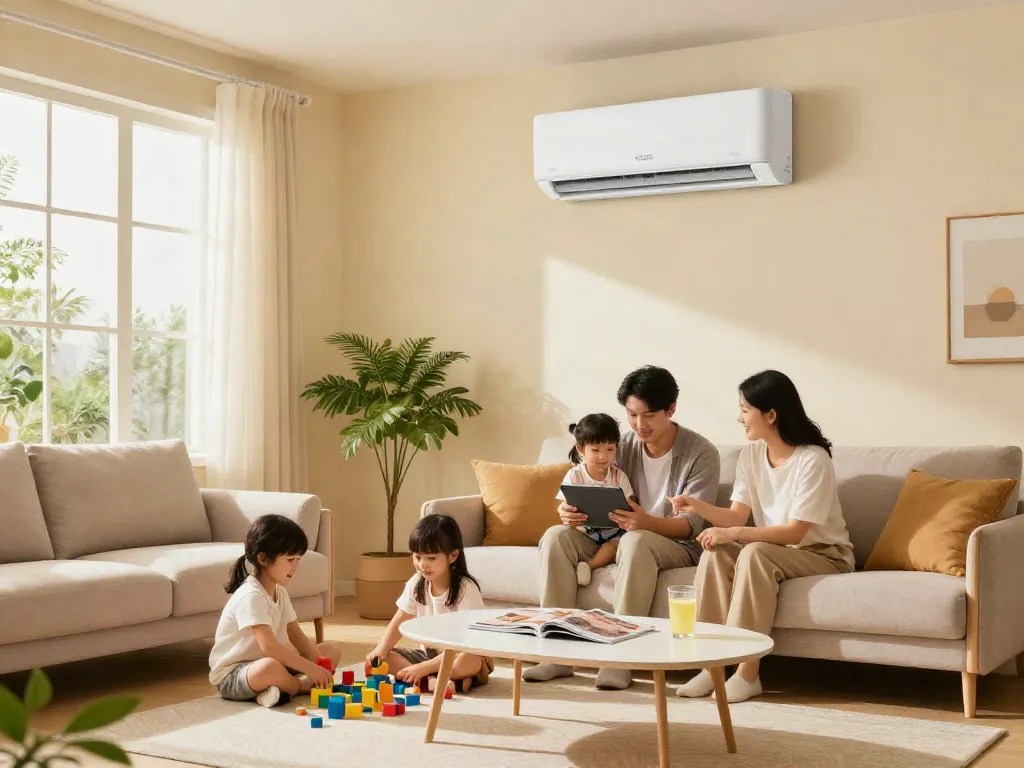 Family enjoying cooling comfort provided by a mini split air conditioner in a modern living room.