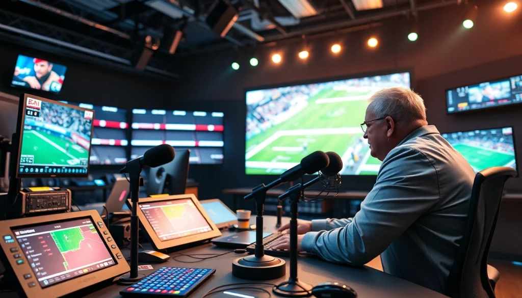Engaging scene of Sports Broadcasting with commentator, high-tech equipment, and live sports action.