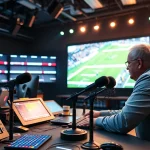 Engaging scene of Sports Broadcasting with commentator, high-tech equipment, and live sports action.