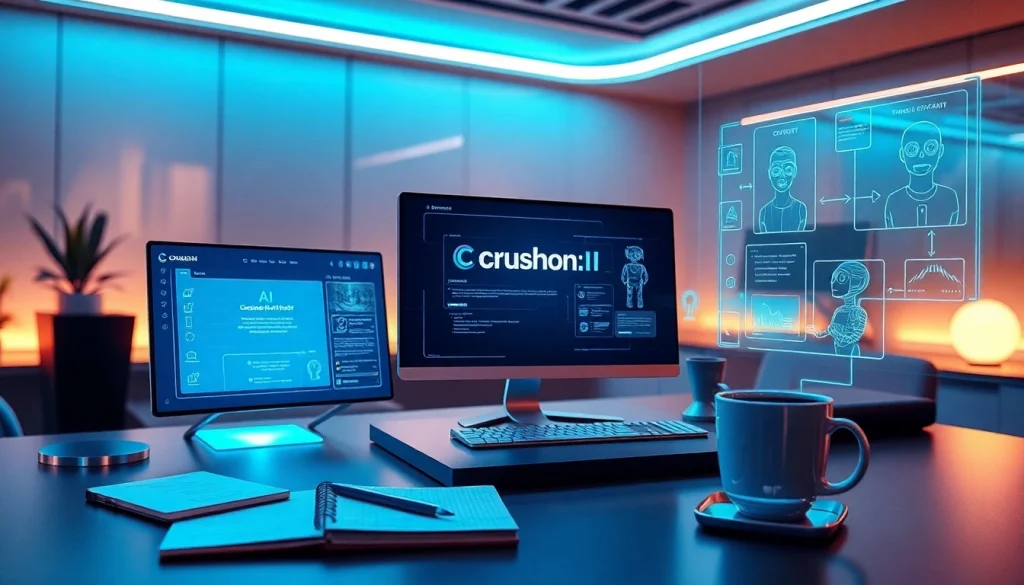Engaging workspace with Crushon AI interface and futuristic technology.