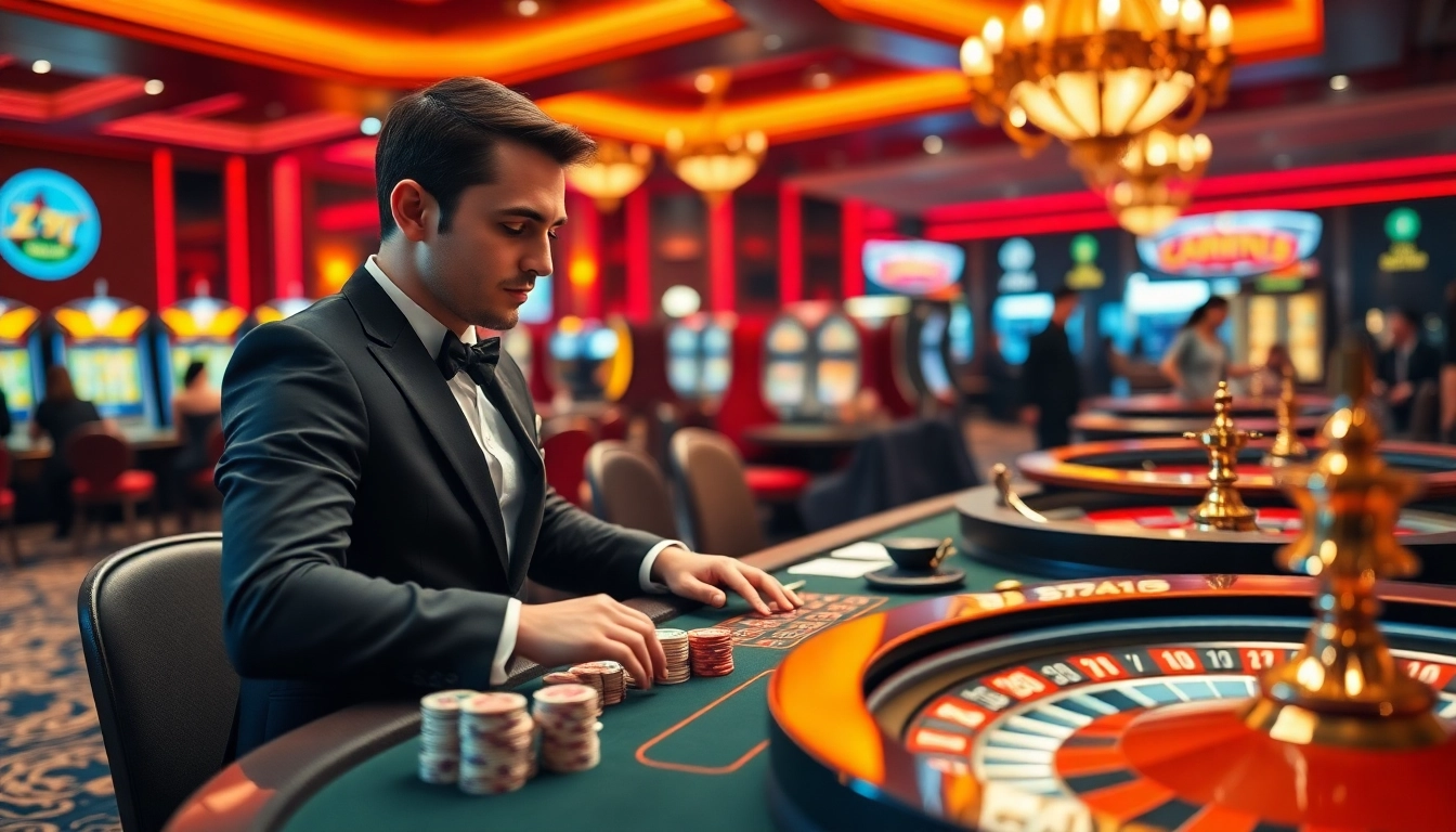 Experience thrilling live gaming at https://zbetm.org/ with a vibrant casino scene featuring a dealer and players.