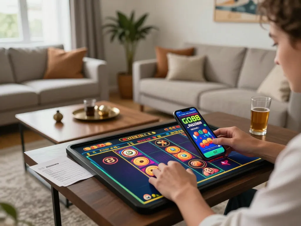 Engaging with GO88 casino app on smartphone while betting on exciting slot games in a cozy home