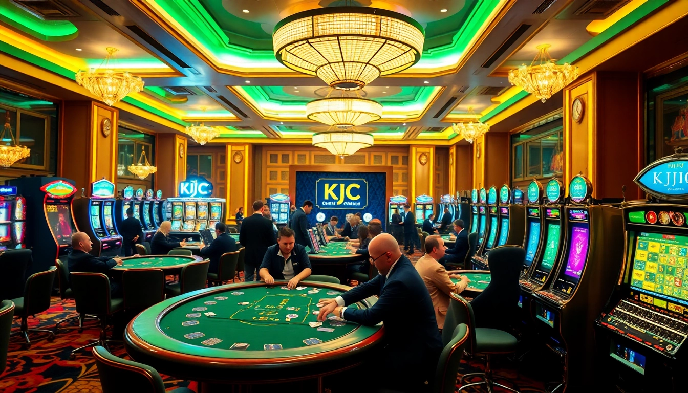 KJC-enhanced gaming scene showcasing engaging players at casino tables, colorful chips and cards.