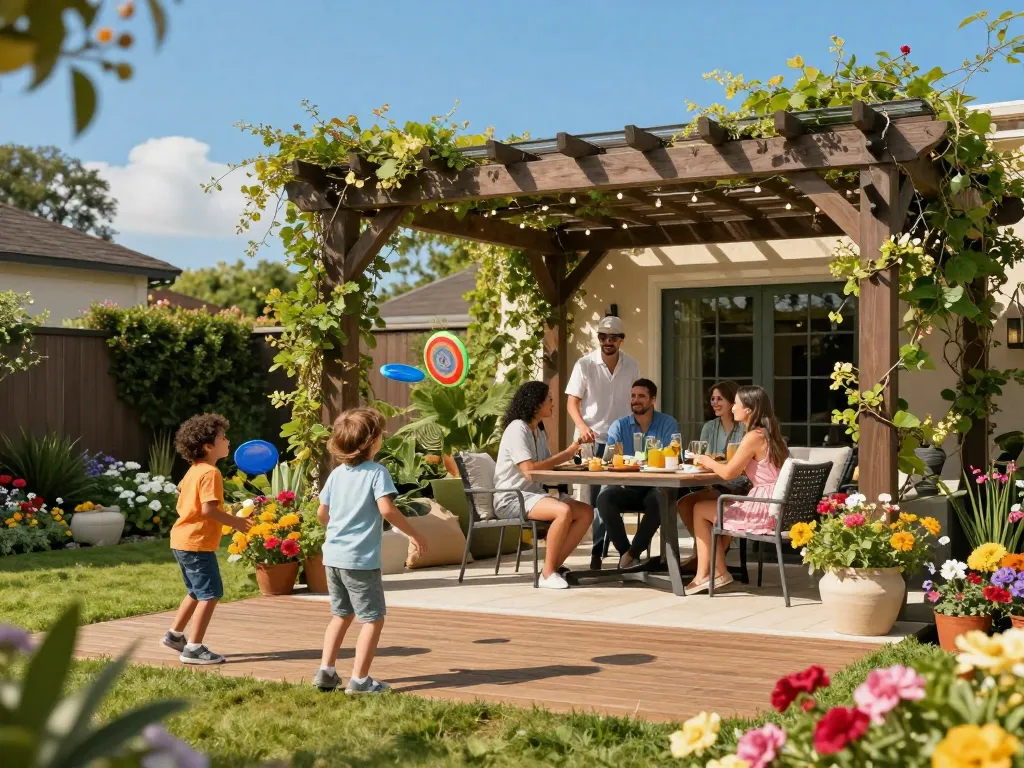 Family enjoying a sunny afternoon under a pergola 3D planner designed outdoor space, with flowers and playful kids.