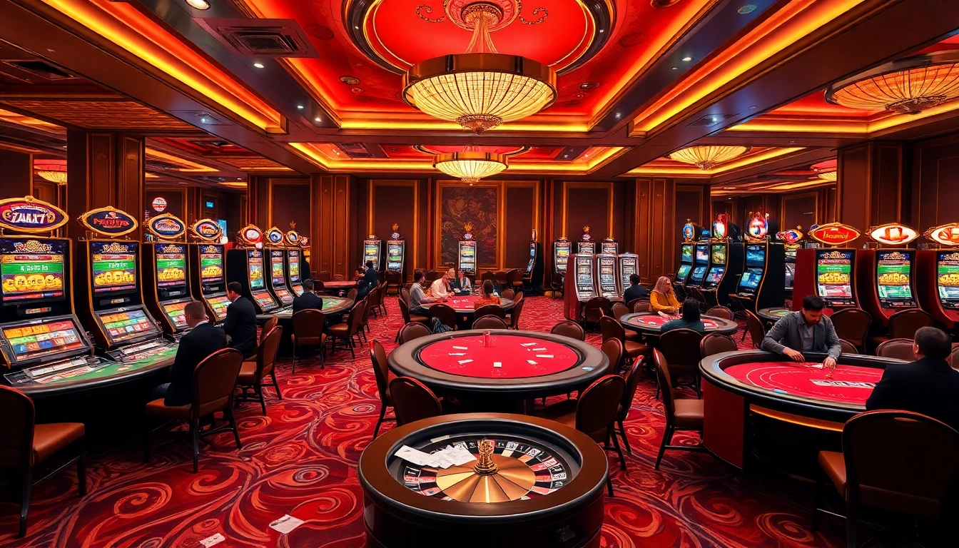 Players engaging in thrilling games at THABET casino, showcasing vibrant slot machines and poker tables.