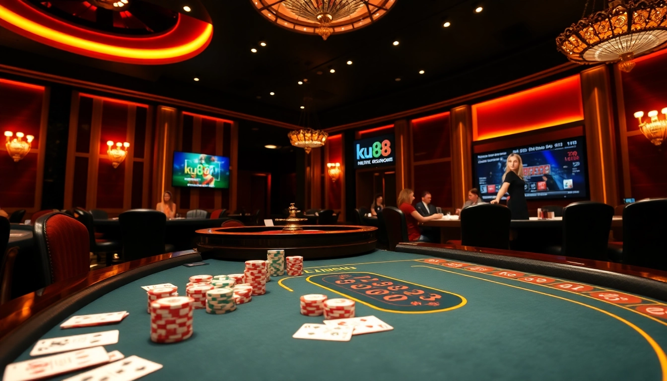 Engaging in high-stakes poker at ku88 with vibrant casino atmosphere and professional setup.