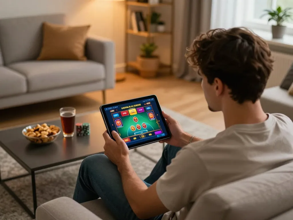 XX88 user enjoying a live casino game on a tablet in a cozy home setting.