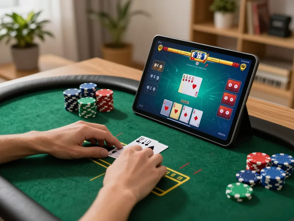 Players experience exciting online poker action while managing bets with FC88 on their tablet in a cozy living room.